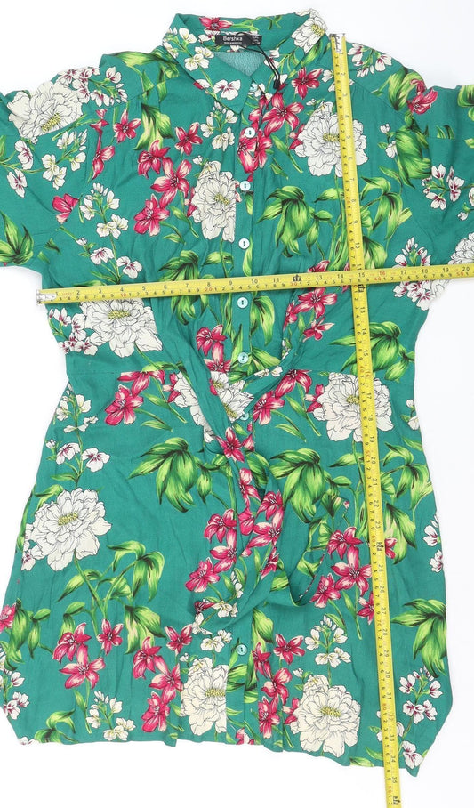 Bershka Women’s Green Floral Collared Button-Up Tunic Shirt Size L
