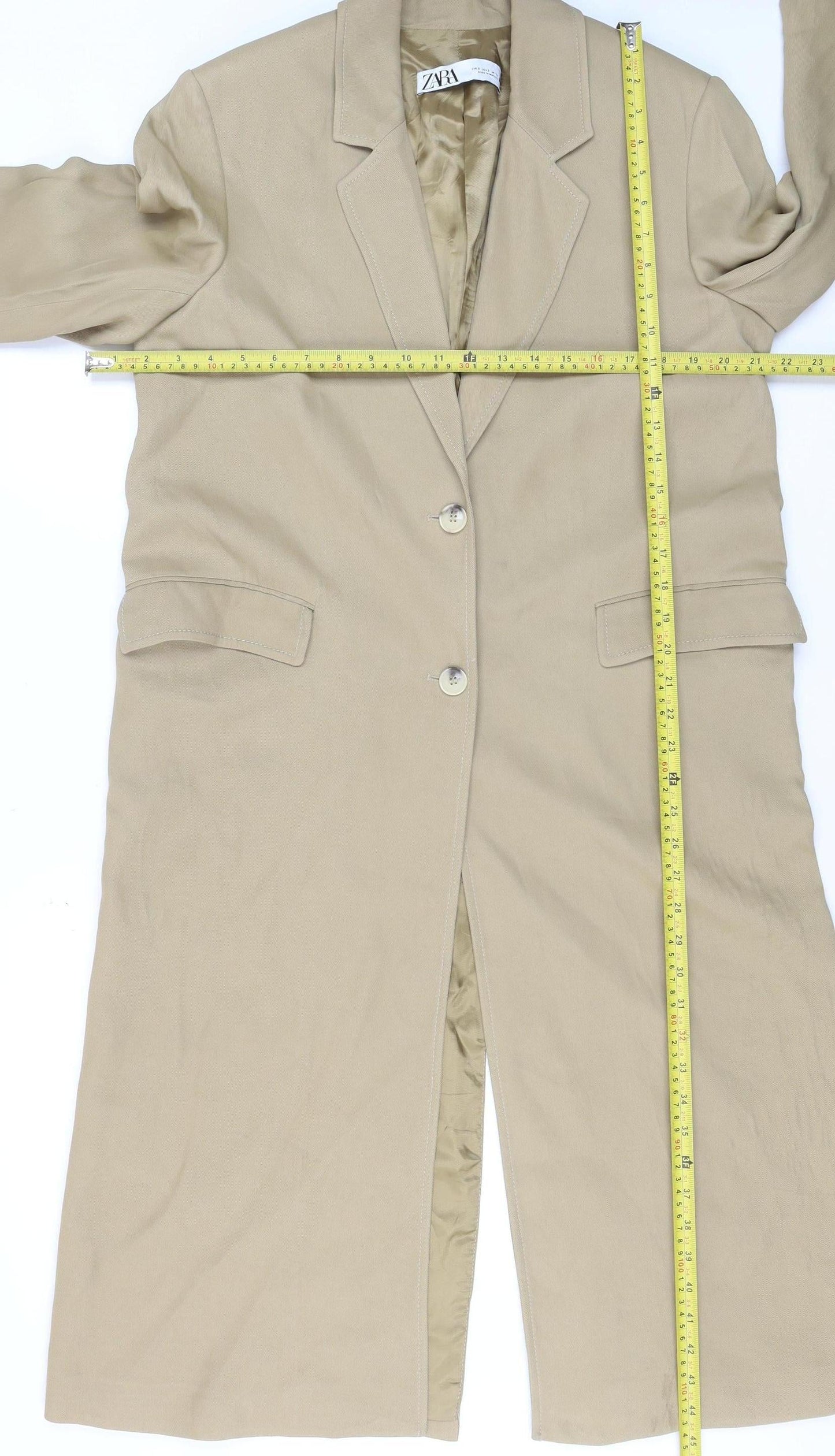 ZARA Women Beige Long Overcoat Size S Classic Business Style