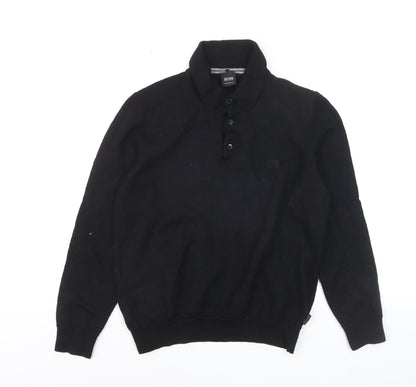 Hugo Boss Mens Black Collared Henley Jumper Size L Regular Fit