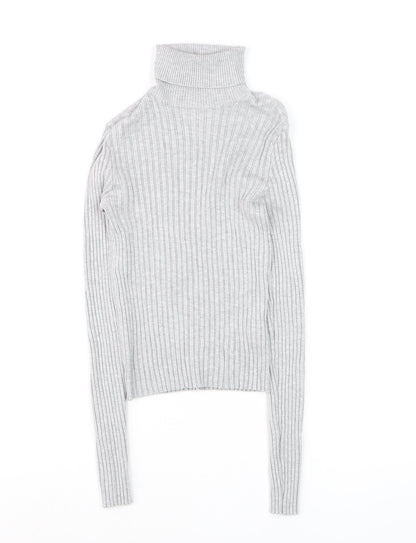 Bershka Women Grey Roll Neck Ribbed Knit Jumper Size 12