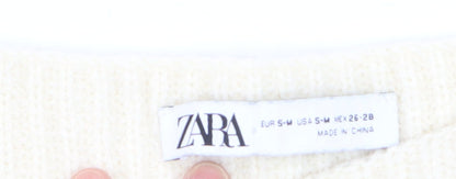 Zara Women Ivory Knit Jumper Dress S/M Round Neck 3/4 Sleeve