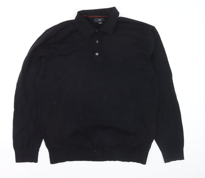 Next Men Black Cotton Collared Henley Jumper L Long Sleeve