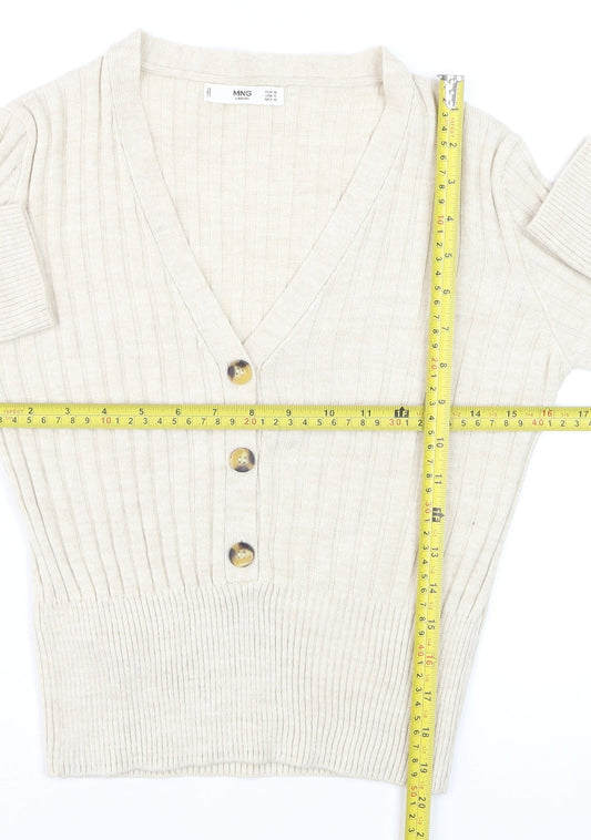 Mango Women Beige Ribbed V-Neck Button Cardigan Size 12
