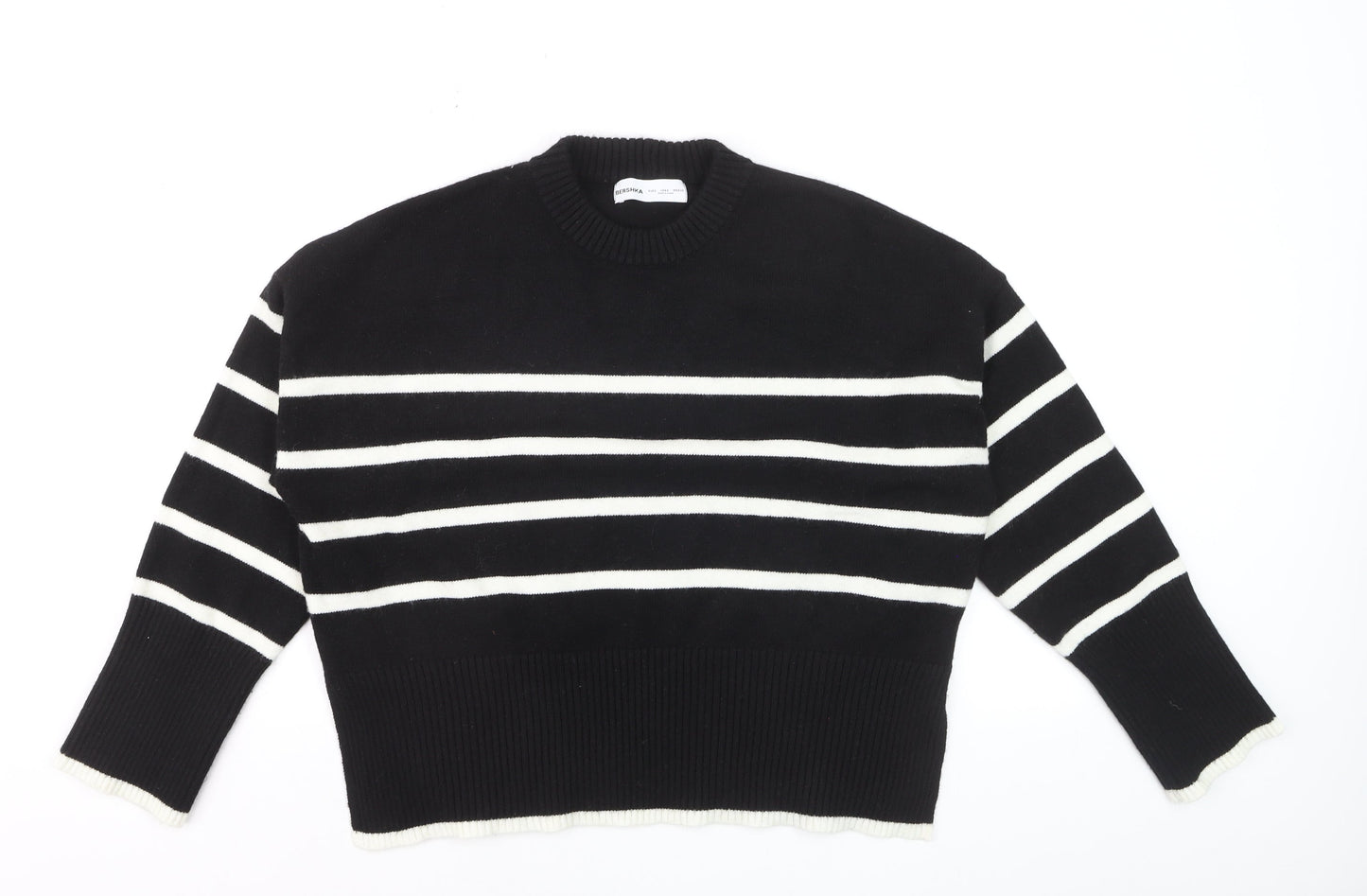 Bershka Womens Black Striped Knit Crew Neck Pullover Jumper Size S