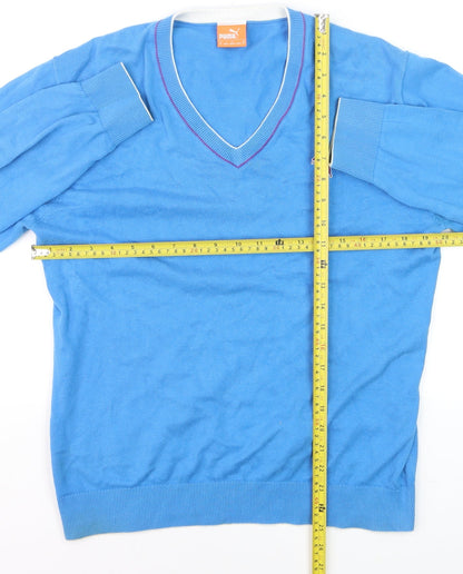 Puma Men's Blue V-Neck Cotton Pullover Jumper Size M
