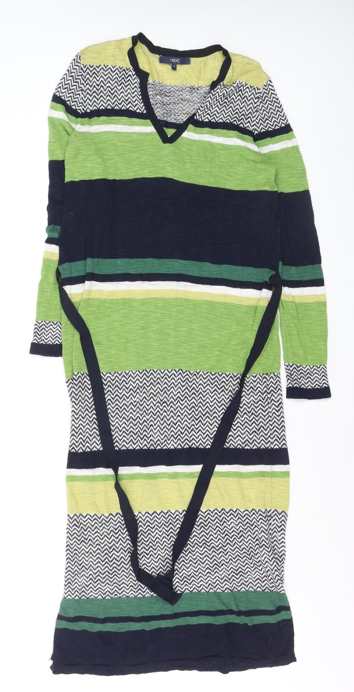 Next Women’s Green Striped Jumper Dress Size 10 Knit V-Neck Belted