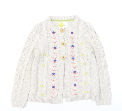Mini Boden Girls Beige Cable Knit Cardigan 7-8 Years Button Embroidered Cotton