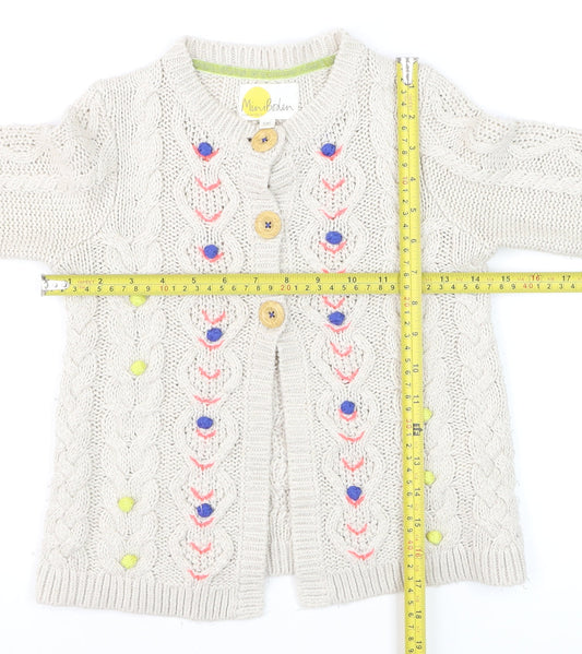 Mini Boden Girls Beige Cable Knit Cardigan 7-8 Years Button Embroidered Cotton