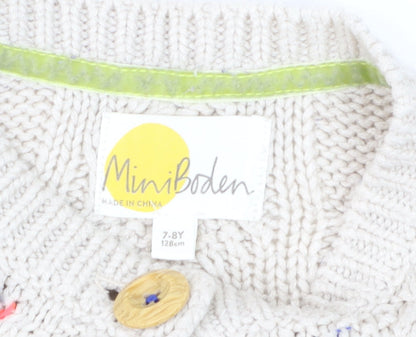 Mini Boden Girls Beige Cable Knit Cardigan 7-8 Years Button Embroidered Cotton