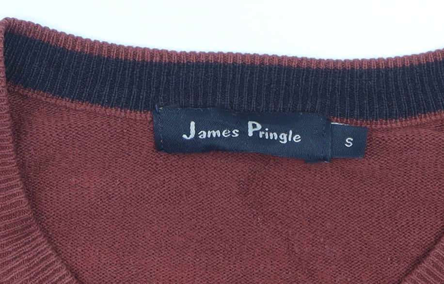 James Pringle Men's Brown V-Neck Cotton Jumper Size S