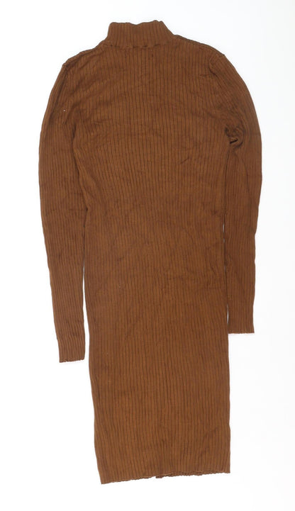 Amisu Women Brown Ribbed Mock Neck Long Sleeve Pullover Jumper M