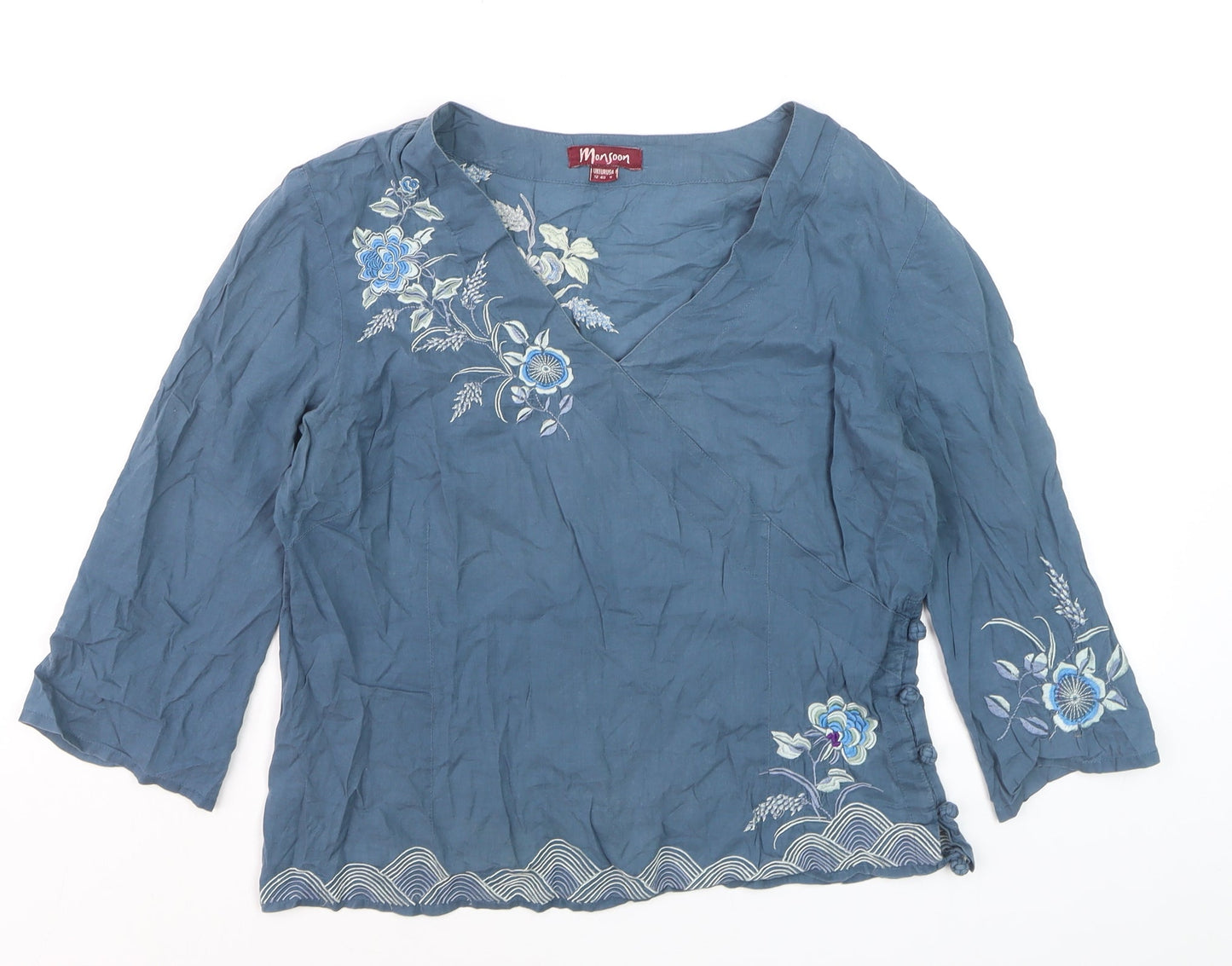 Monsoon Women's Blue Embroidered 3/4 Sleeve Wrap Blouse Size 12