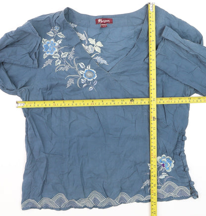 Monsoon Women's Blue Embroidered 3/4 Sleeve Wrap Blouse Size 12