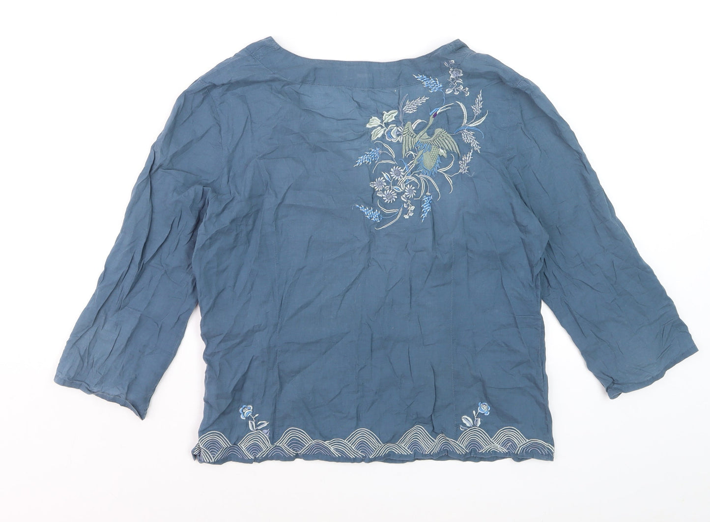 Monsoon Women's Blue Embroidered 3/4 Sleeve Wrap Blouse Size 12