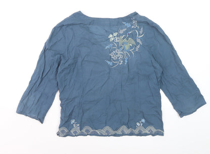 Monsoon Women's Blue Embroidered 3/4 Sleeve Wrap Blouse Size 12