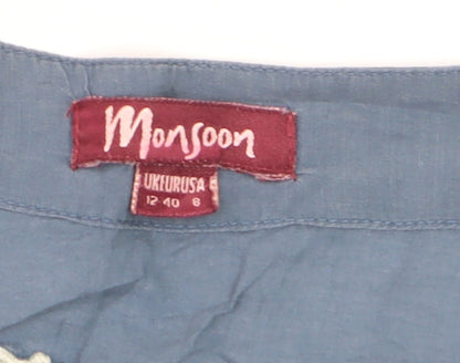 Monsoon Women's Blue Embroidered 3/4 Sleeve Wrap Blouse Size 12