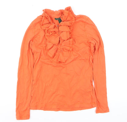 Ralph Lauren Women’s Orange Ruffle Long Sleeve Cotton Blouse Size S