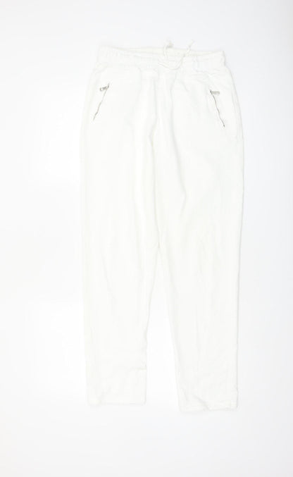Luna Women White Jogger Trousers M Cotton Blend Elastic Waist