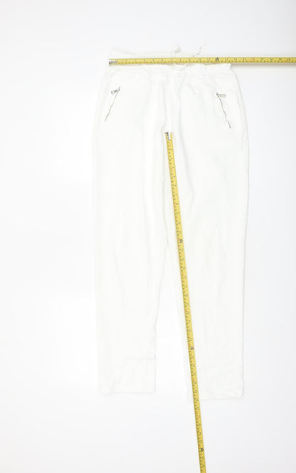 Luna Women White Jogger Trousers M Cotton Blend Elastic Waist
