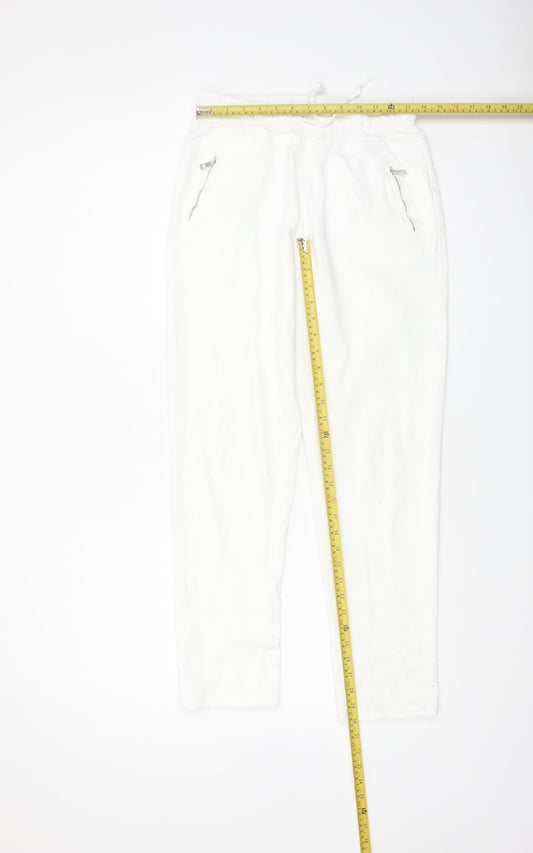 Luna Women White Jogger Trousers M Cotton Blend Elastic Waist