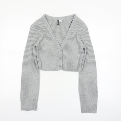 H&M Divided Women's Grey Ribbed Cropped Cardigan XXS Acrylic Knit
