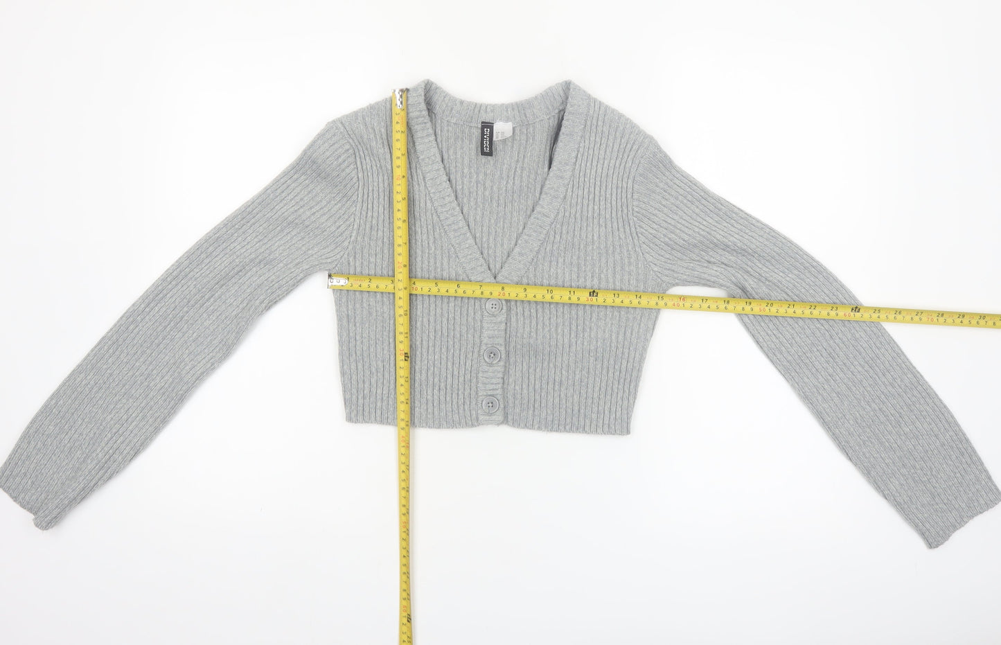 H&M Divided Women's Grey Ribbed Cropped Cardigan XXS Acrylic Knit