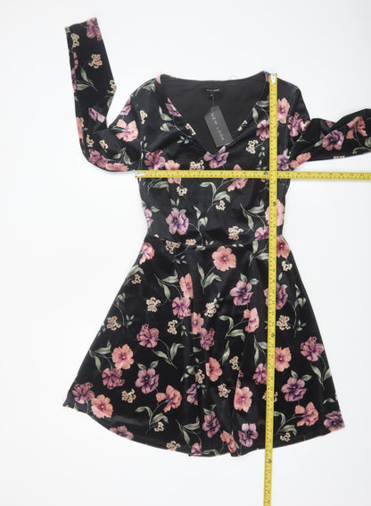 New Look Women Black Floral Velvet Skater Dress Size 10