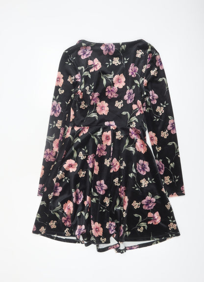 New Look Women Black Floral Velvet Skater Dress Size 10