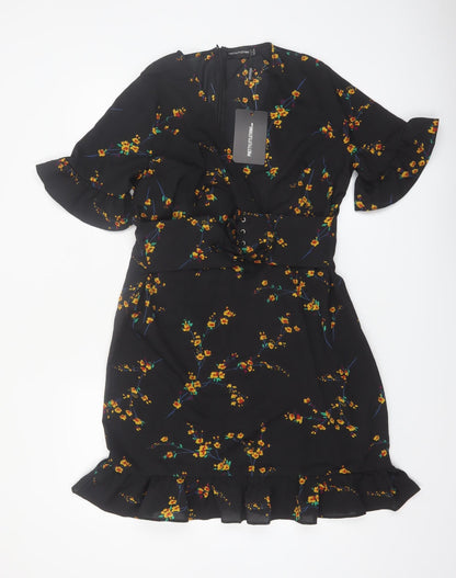 PrettyLittleThing Women Black Floral Wrap Short Dress Size 16