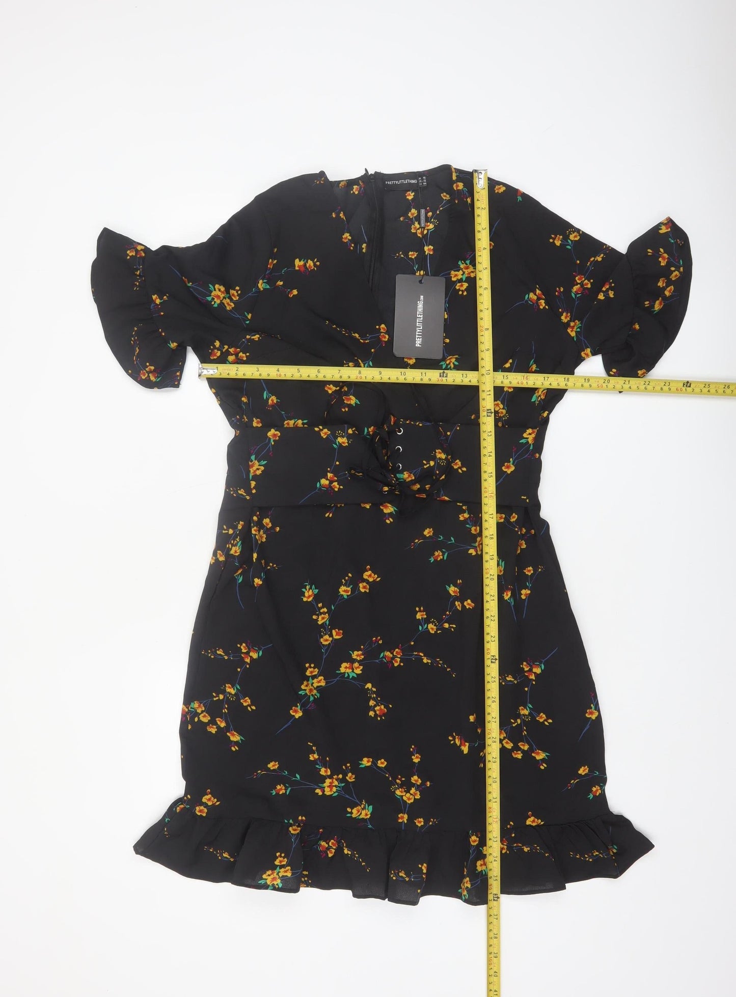 PrettyLittleThing Women Black Floral Wrap Short Dress Size 16