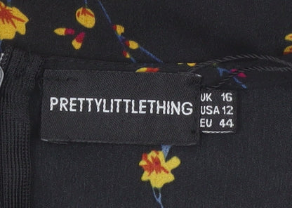 PrettyLittleThing Women Black Floral Wrap Short Dress Size 16