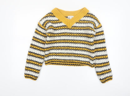 Topshop Women’s Multicoloured Striped Chunky Knit V-Neck Jumper Size 8 Tall