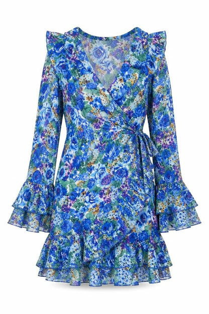 Boohoo Women Blue Floral Wrap Mini Dress Size 16 Long Sleeve Party