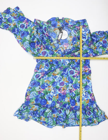 Boohoo Women Blue Floral Wrap Mini Dress Size 16 Long Sleeve Party