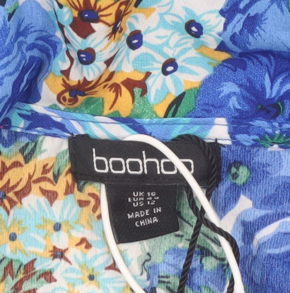 Boohoo Women Blue Floral Wrap Mini Dress Size 16 Long Sleeve Party