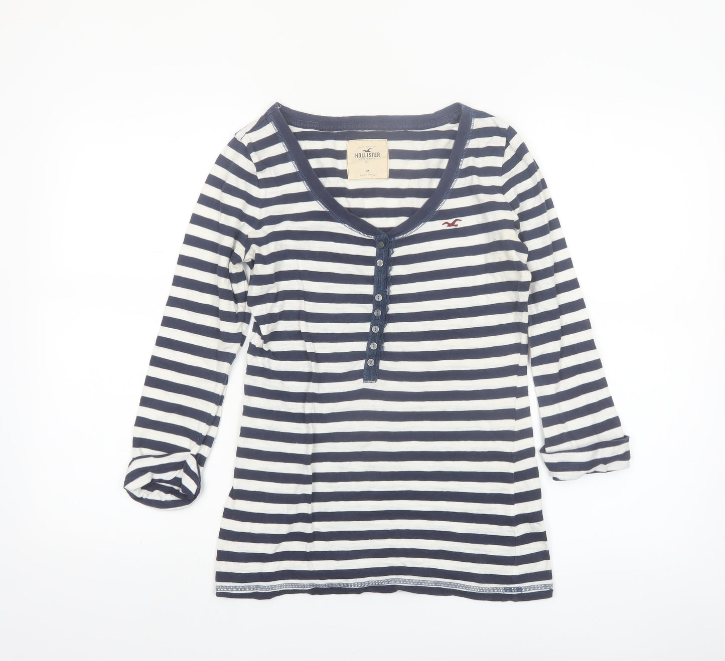 Hollister Women's Blue Striped 3/4 Sleeve Scoop Neck T-Shirt M