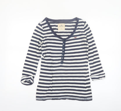 Hollister Women's Blue Striped 3/4 Sleeve Scoop Neck T-Shirt M