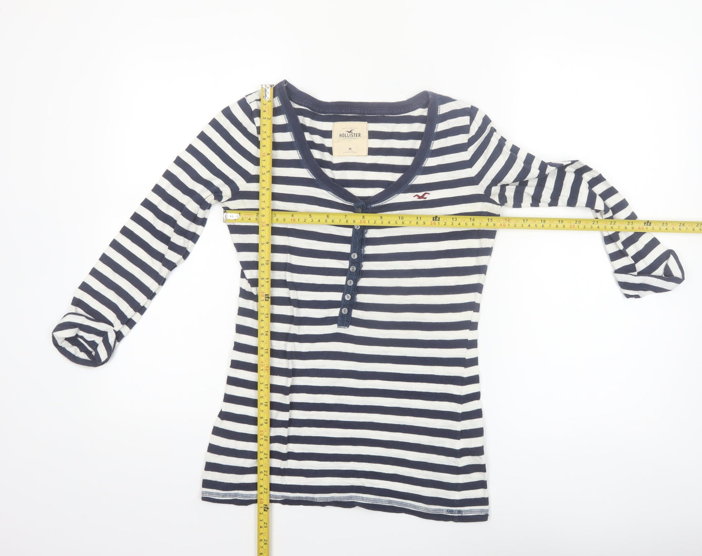 Hollister Women's Blue Striped 3/4 Sleeve Scoop Neck T-Shirt M