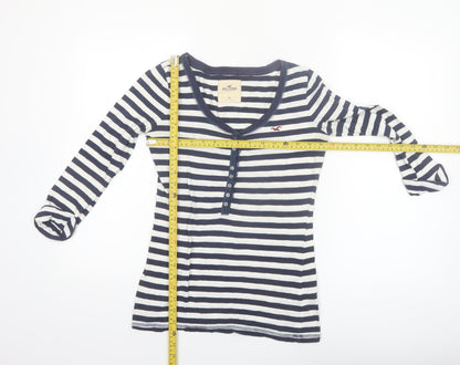 Hollister Women's Blue Striped 3/4 Sleeve Scoop Neck T-Shirt M