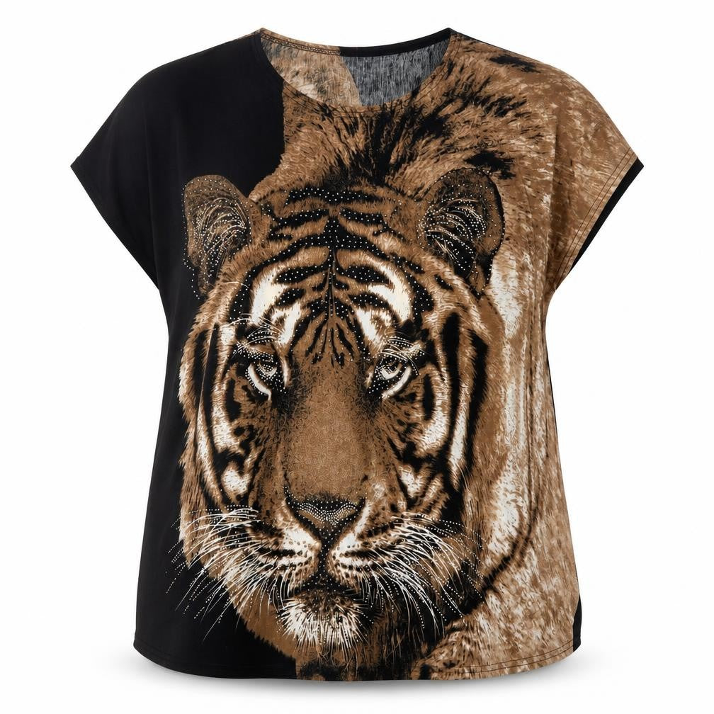 Meggie Women's Brown Tiger Print Beaded Relaxed T-Shirt XL
