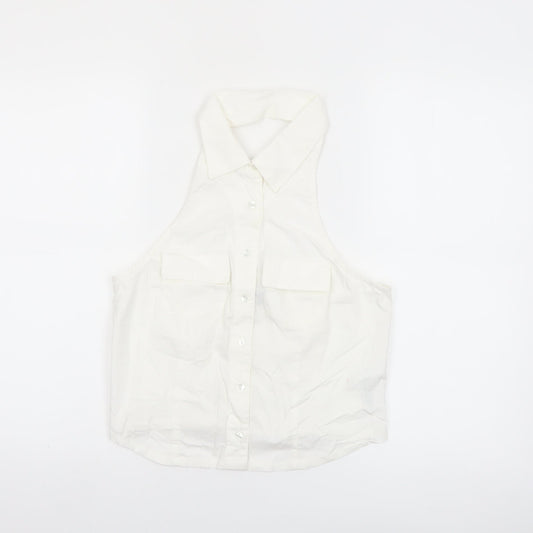 Collusion Womens White Cotton Cropped Button-Up Halter Shirt UK 10