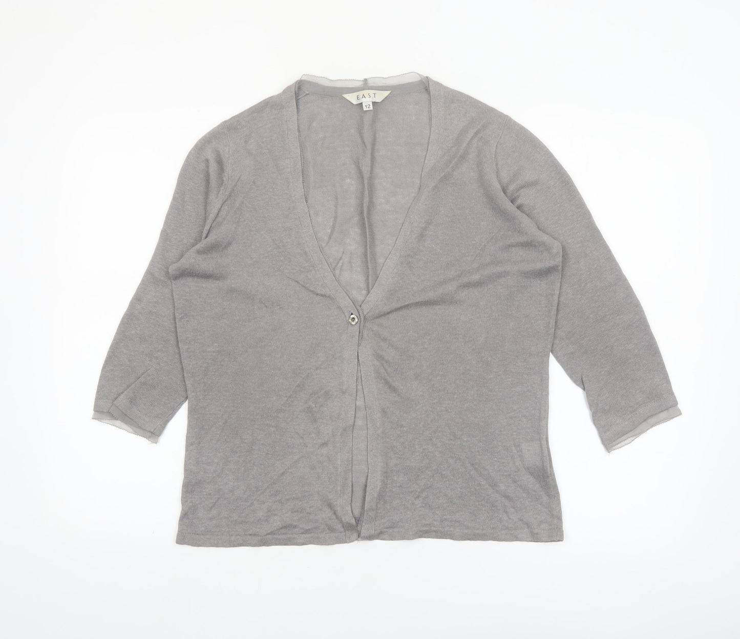 EAST Women’s Grey Linen Silk Cardigan Size 12 V-Neck 3/4 Sleeve