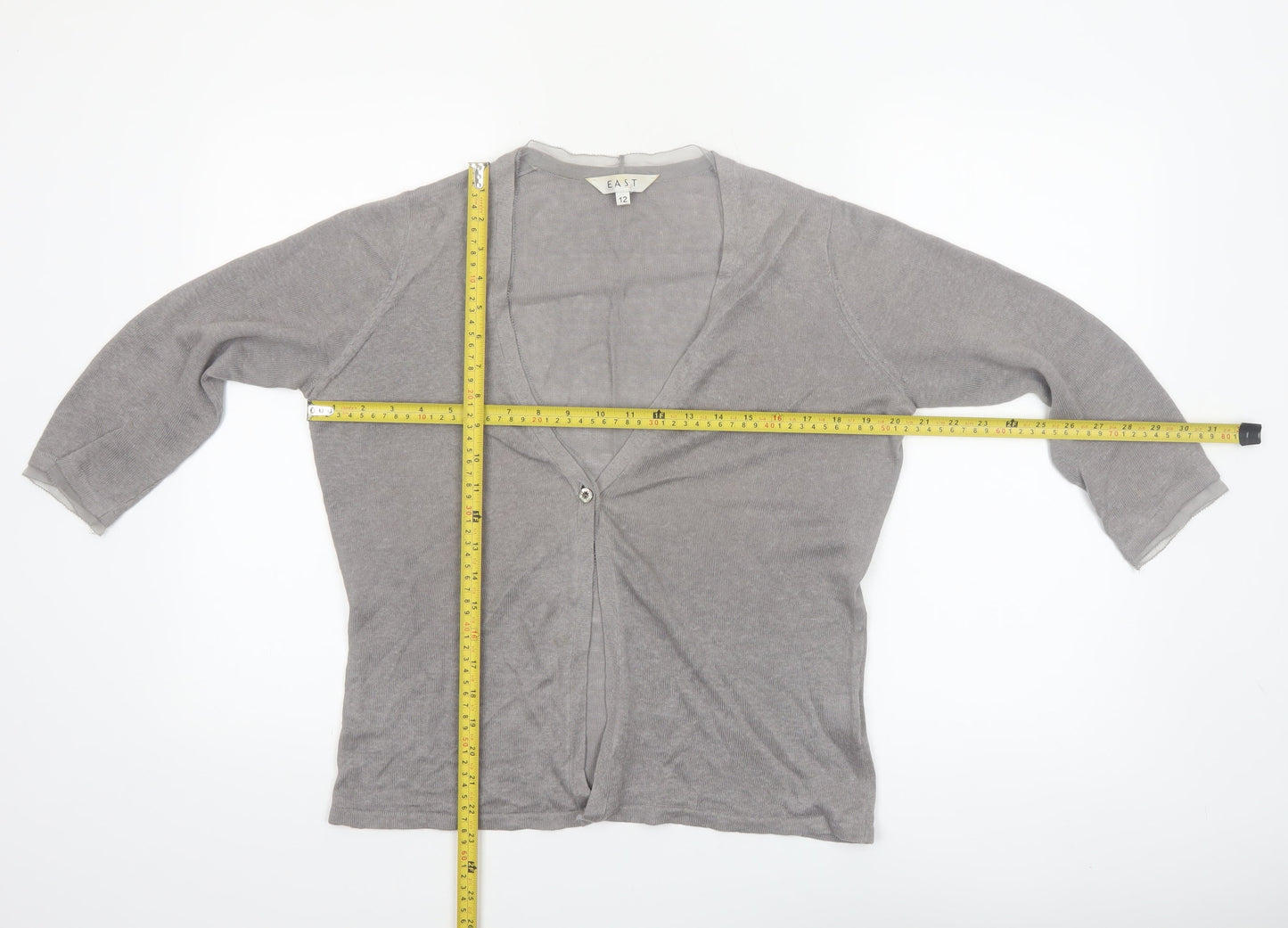 EAST Women’s Grey Linen Silk Cardigan Size 12 V-Neck 3/4 Sleeve
