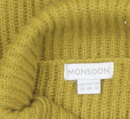Monsoon Women Yellow Roll Neck Ribbed Knit Jumper Size 16