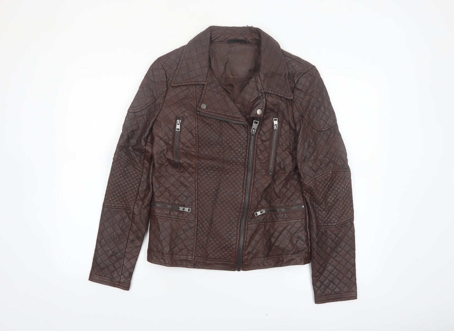 Dunnes Stores Women Brown Quilted Faux Leather Biker Jacket Size 10