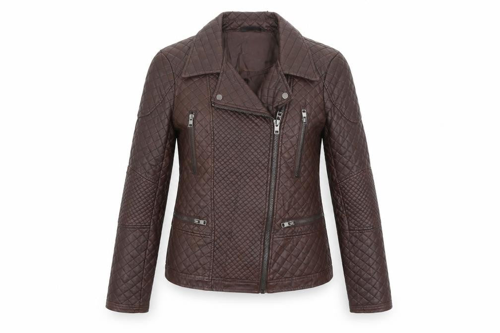 Dunnes Women Brown Quilted Faux Leather Biker Jacket Size 10