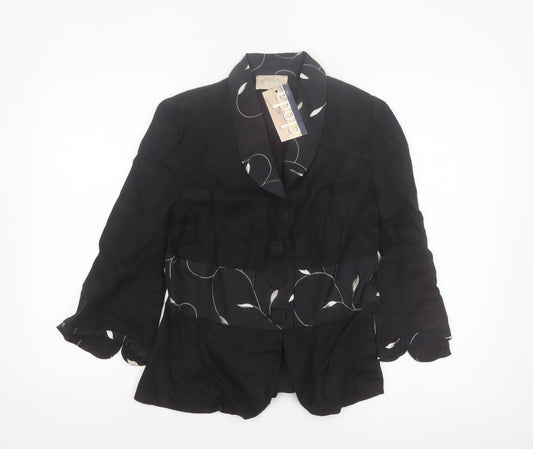 Cloda Women Black Linen Floral Trim Suit Jacket M