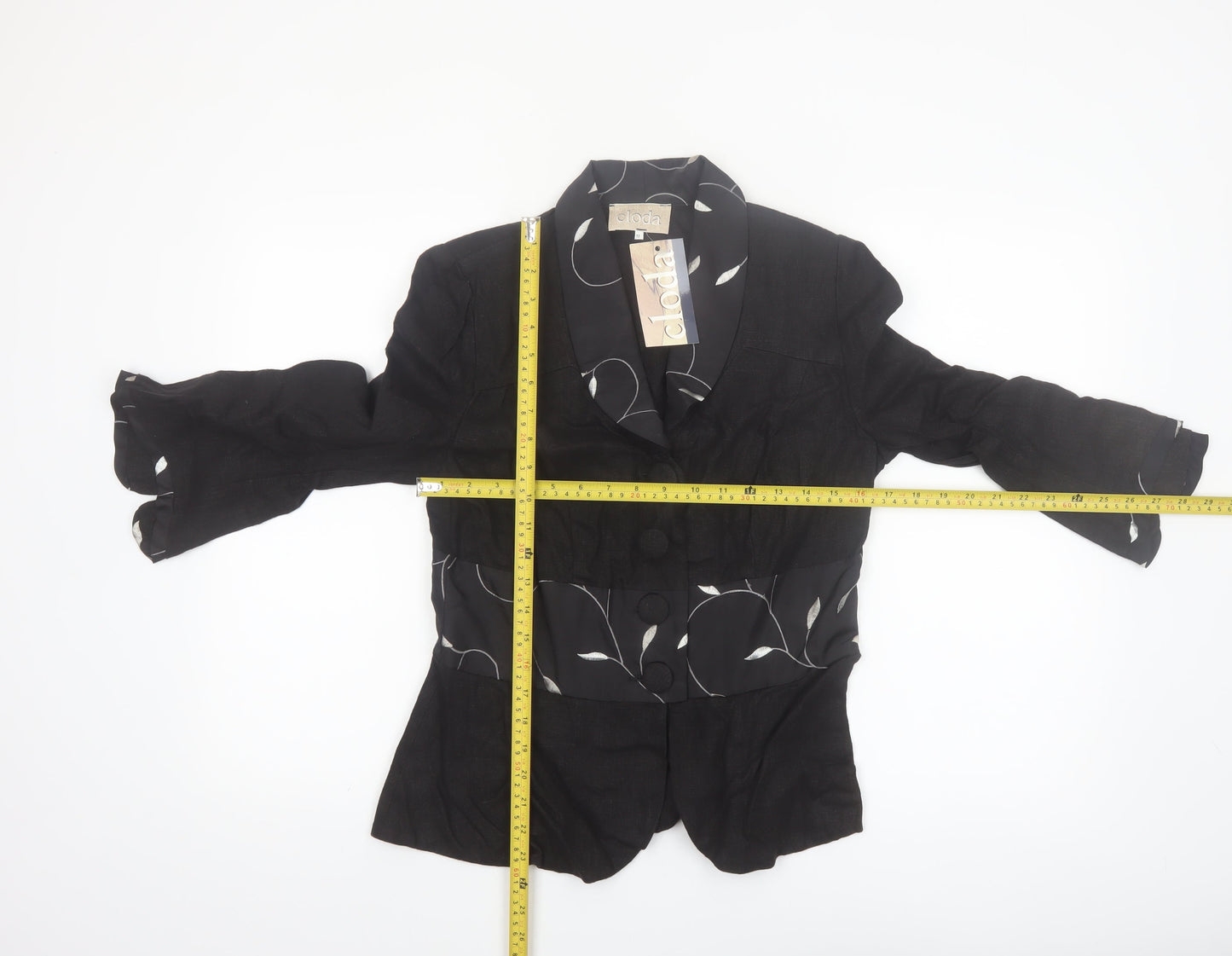 Cloda Women Black Linen Floral Trim Suit Jacket M