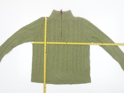 WoolOvers Women's Green 1/2 Zip Cable-Knit Wool Jumper M