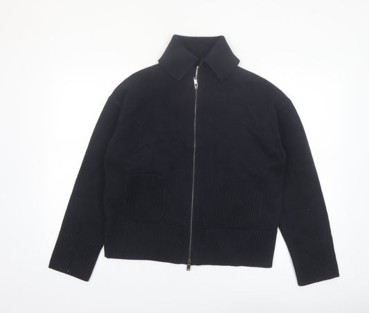 Marks and Spencer Women Black Collared Full Zip Knit Jumper M